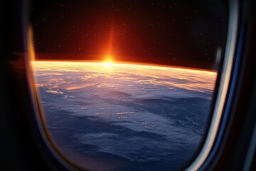 Naklejka premium Sunrise over the Earth viewed from a spacecraft window during a space mission