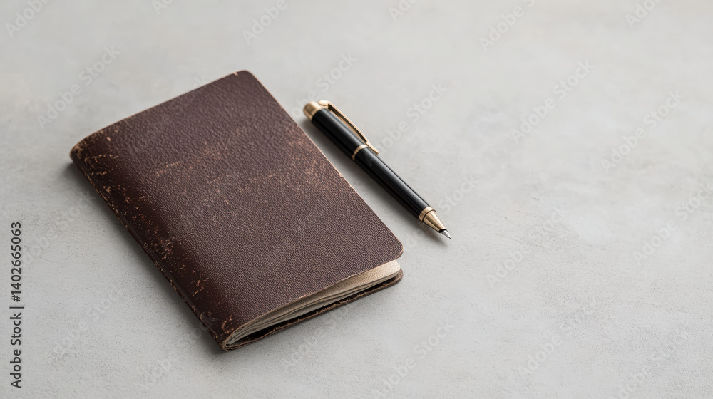 Poster brown leather notebook and sleek pen resting on smooth surface create sophisticated atmosphere