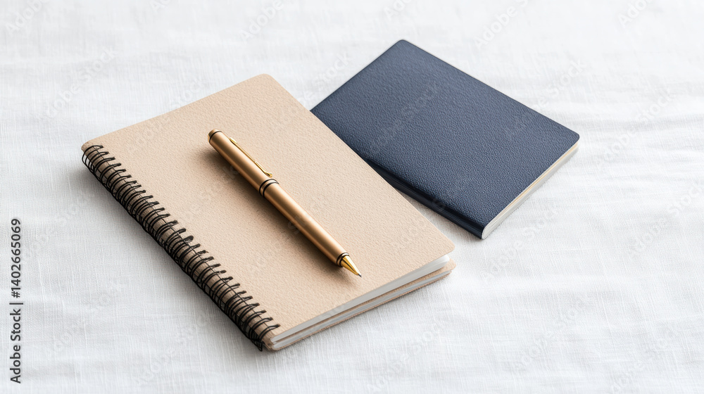 Poster stylish notebook and sleek journal with pen resting soft linen surface create serene workspace