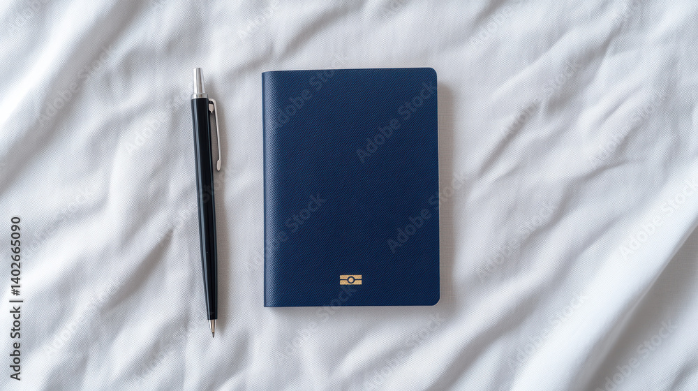 Poster sleek blue notebook and black pen resting on soft white surface create serene workspace