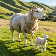 Obraz premium Mother Sheep and Lamb in Green Pasture