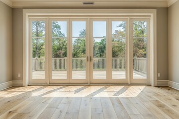 Fototapeta premium Beautiful white oak flooring in an empty room with light gray walls, large glass door, and a view of the patio.