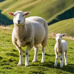 Obraz premium Ewe and Lamb in Green Pasture