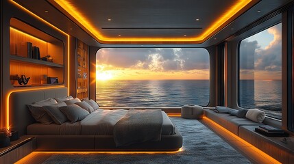 Fototapeta premium Seascape Serenity: Minimalist Villa with Floor-to-Ceiling Windows