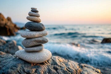 Zen stones stacked on a rocky beach at sunset create a peaceful atmosphere, showcasing balance and meditation with the ocean waves gently crashing on shore.