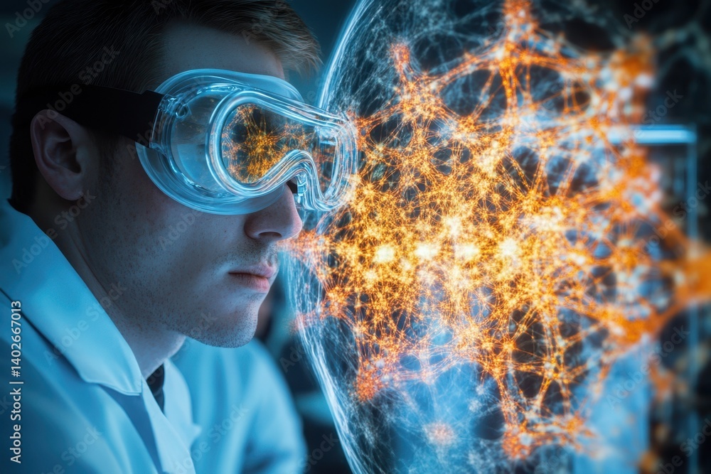 Poster scientist observing neural network visualization with protective goggles in laboratory setting