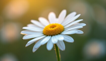 This stunning close-up captures a single daisy with pristine white petals and a vibrant yellow center, illuminated by warm sunlight. The soft bokeh of blurred daisies in the background enhances the