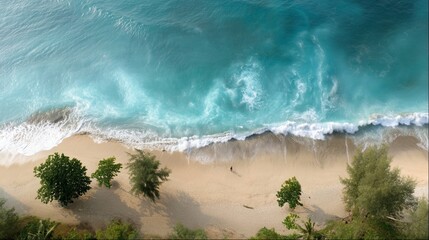 ocean waves and sandy beach with trees