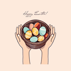Illustration Happy Easter! Easter card. Basket with dyed eggs. Krashanki. Basket in hands. Post for social networks.