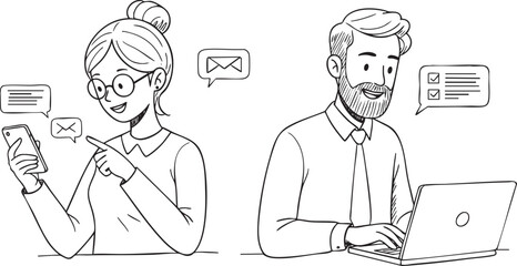Hand-Drawn Business Doodle: Female and Male Characters Using Smartphone, Laptop, Tablet for Chatting, Typing, Texting, Vector Sketch Concept