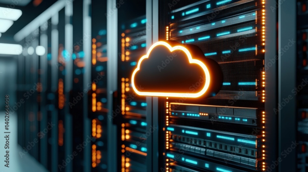 Aufkleber a modern data center featuring illuminated cloud storage icons among rows of servers, showcasing adv