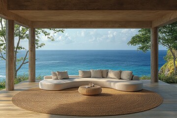 Obraz premium Luxurious outdoor living space overlooking a beautiful tropical ocean