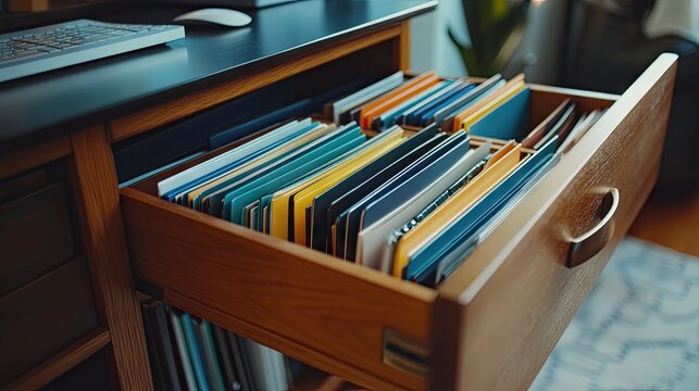 Filing drawers slightly opened, revealing tidy categorized folders inside