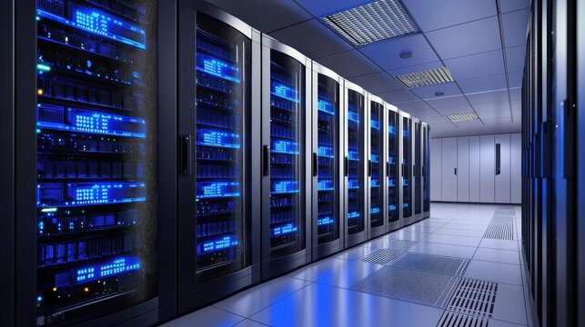 A high-tech server room featuring rows of servers emitting blue lights, showcasing a modern data center environment.