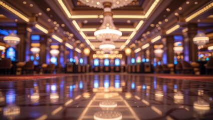 A blurred view of a luxurious casino interior, lit by elegant chandeliers and lights.