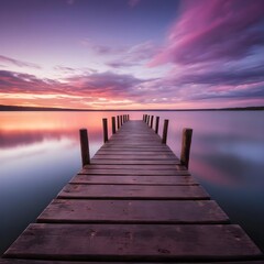 Fototapeta premium Serene Sunset over Calm Lake with Wooden Dock