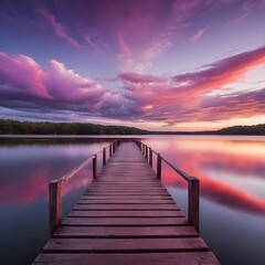 Obraz premium Serene Sunset over Calm Lake with Wooden Dock