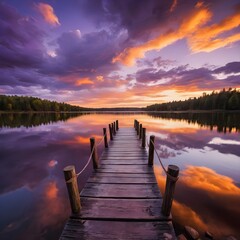 Naklejka premium Serene Sunset over Calm Lake with Wooden Dock