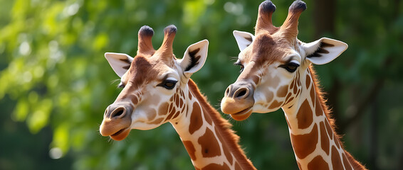 Obraz premium Three Curious Giraffes Interacting in a Vibrant, Green Zoo Habitat Filled with Tropical Plants and Natural Wildlife Surroundings