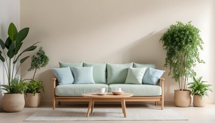 Modern Living Room Interior with Light Green Sofa and Potted Plants