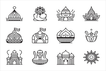 Black and white line art icons set representing Indian culture and festivals