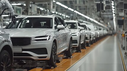 Naklejka premium A modern automotive assembly line showcasing multiple white cars in production, highlighting advanced manufacturing and technology.