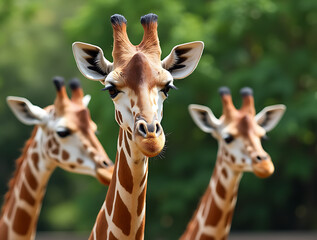 Obraz premium Three Curious Giraffes Interacting in a Vibrant, Green Zoo Habitat Filled with Tropical Plants and Natural Wildlife Surroundings