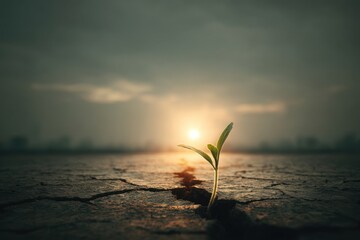 A resilient seedling emerges from cracked earth, bathed in the golden light of a sunrise, symbolizing hope and perseverance in a challenging environment.