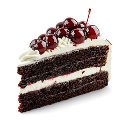 A thick slice of black forest cake with rich chocolate sponge layers, smooth whipped cream, and a topping of glossy cherry compote