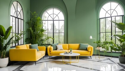 Modern Yellow Sofa in Green Room with Large Windows
