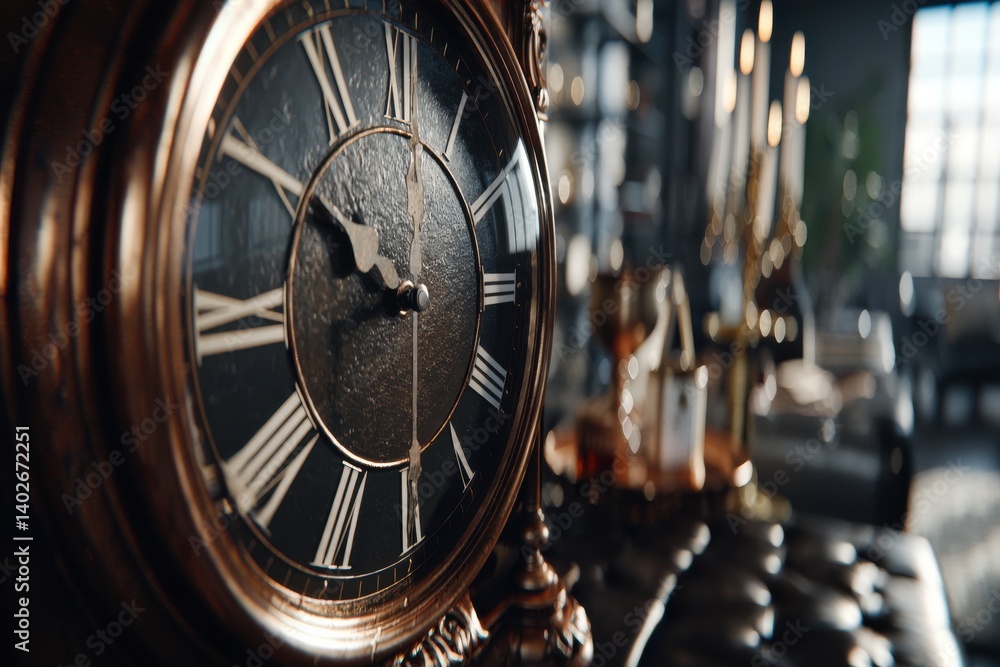 Poster vintage clock with roman numerals, resting on an ornate table, blurred background, creating a sophis