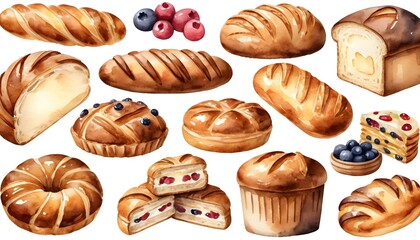 Assorted Watercolor Bakery Goods and Berries