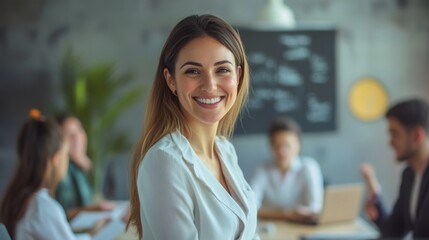 Professional woman smiling in a modern office during a collaborative team meeting on a productive workday