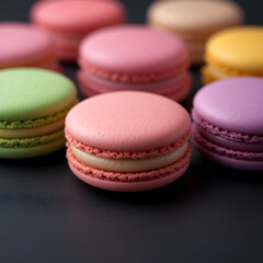 Fototapeta premium Colorful macarons arranged on dark background. Close-up view of pastel-colored cookies