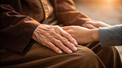 Mental health awareness, An elderly hand is gently touched by a younger hand, symbolizing connection and care in a serene, warm setting.