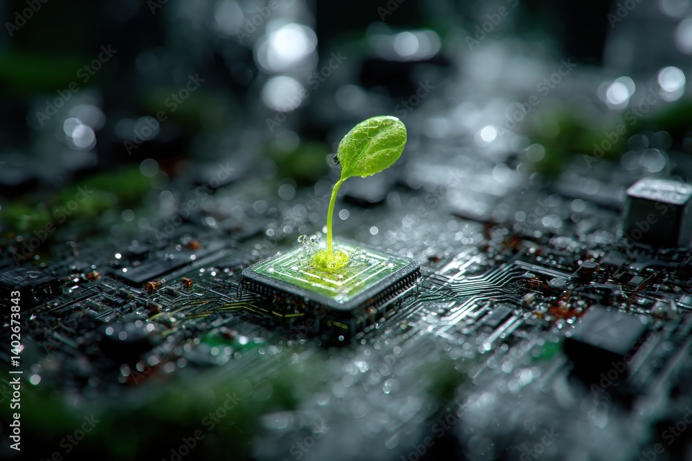 Aufkleber a conceptual representation of technology and nature merging with a seedling growing from a microchi