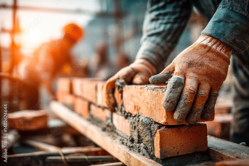 Poster close-up of a construction worker laying bricks with gloved hands, creating a wall, focusing on prec