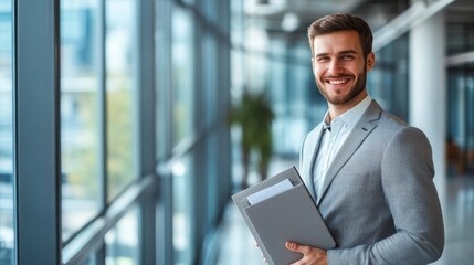 Fototapeta premium Young professional in office setting smiling confidently while holding documents during daytime