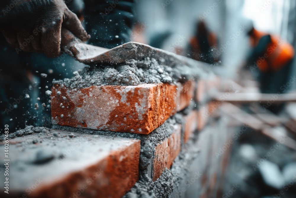 Aufkleber a bricklayer skillfully using a trowel to apply cement between red bricks, constructing a durable wa