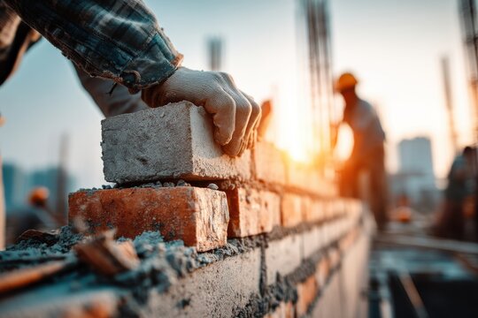 A bricklayer in action laying bricks on a sunny construction site, creating a strong brick wall with precision and care, building for the future.