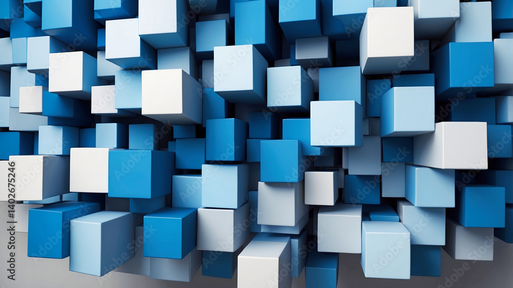 Poster abstract technology composition of a cluster of three-dimensional cubes in varying shades of blue