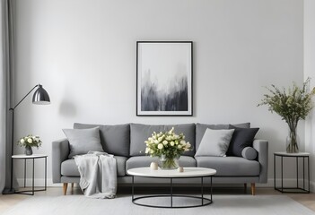 Modern Grey Living Room Interior with Abstract Art