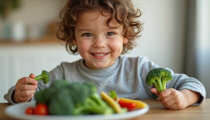 A cheerful young boy with curly hair beams as he holds fresh broccoli in both hands, surrounded by a colorful array of vegetables on the table. This delightful scene captures the joy of healthy eating