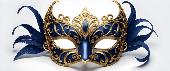 Elegant Blue and Gold Venetian Mask with Feathers