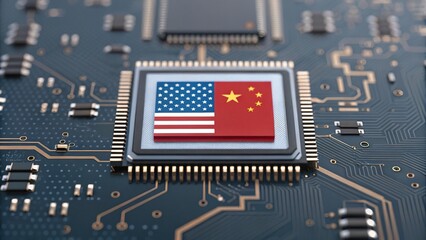 Trade wars disrupt global markets and economic stability. A microchip featuring the flags of the USA and China, set against a backdrop of intricate circuit patterns 