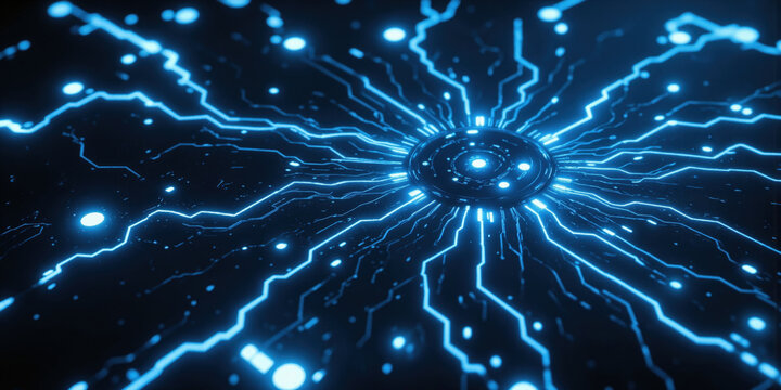 Quantum AI Circuitry - A highly detailed, glowing circuit board representing the inner workings of a quantum computer. The electric-blue