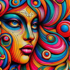 Close-up view of a vibrant, stylized illustration or painting of a woman's face. 