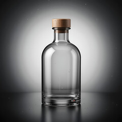 Empty clear glass bottle with wooden stopper.  A clear glass bottle with a light brown wooden stopper stands on a dark surface, reflecting the light. 