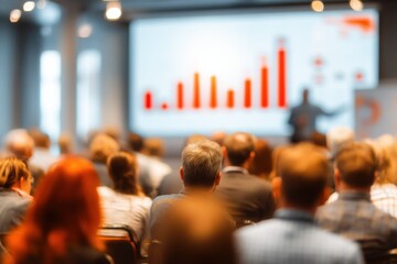 A diverse audience attentively listening to a presentation featuring a rising red bar graph, symbolizing growth and success in the business conference hall.