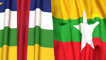 Flags of Central African Republic and Myanmar with realistic cloth texture